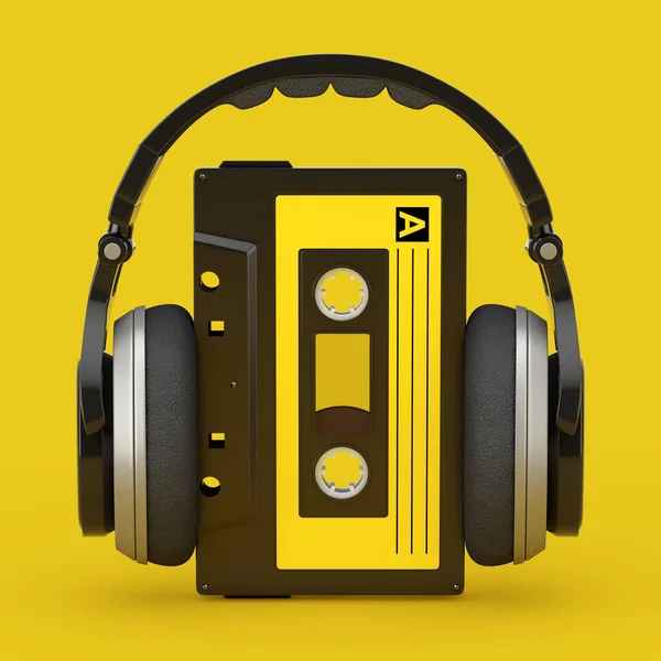 Headphones Over Old Vintage Audio Cassette Tape. 3d Rendering — Stock Photo, Image