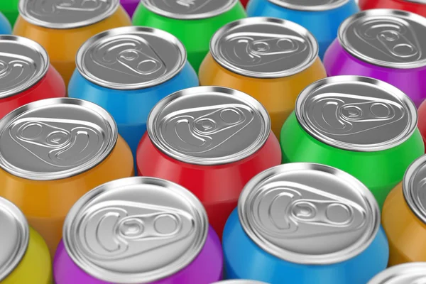 Reihen von farbenfrohen Aluminium-Getränkedosen Hintergrund. 3D-Darstellung — Stockfoto