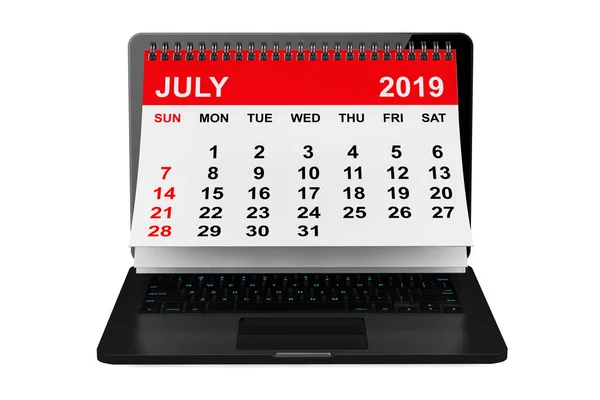 ラップトップ画面上の7月2019カレンダー。3D レンダリング — ストック写真