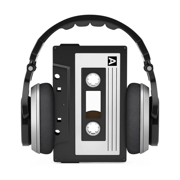 Headphones Over Old Vintage Audio Cassette Tape. 3d Rendering — Stock Photo, Image