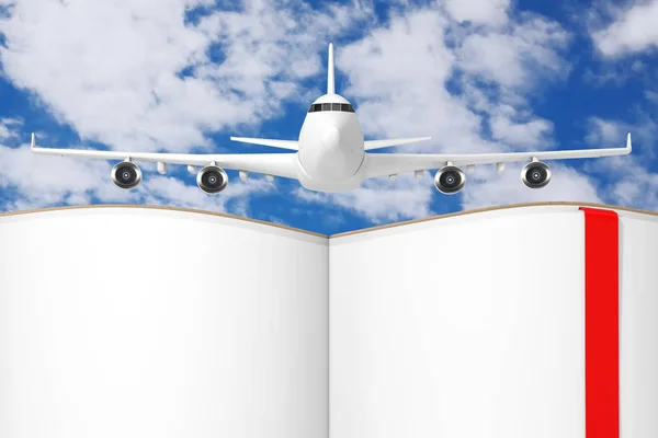 Avião do passageiro do jato branco sobre livro aberto com páginas em branco — Fotografia de Stock