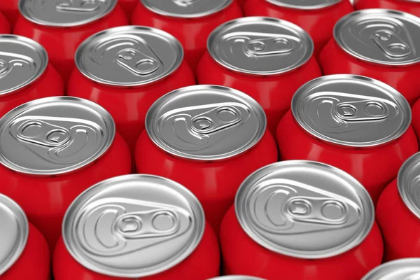 Reihen von roten Aluminium-Getränkedosen Hintergrund. 3D-Darstellung — Stockfoto