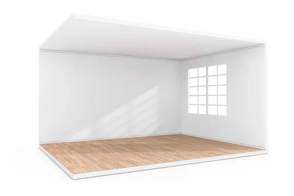 Intérieur de la chambre vide avec grande fenêtre et parquet en bois . — Photo