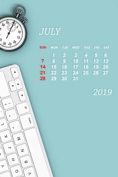 2019 roční kalendář. Červencový kalendář. prostorové vykreslování — Stock fotografie