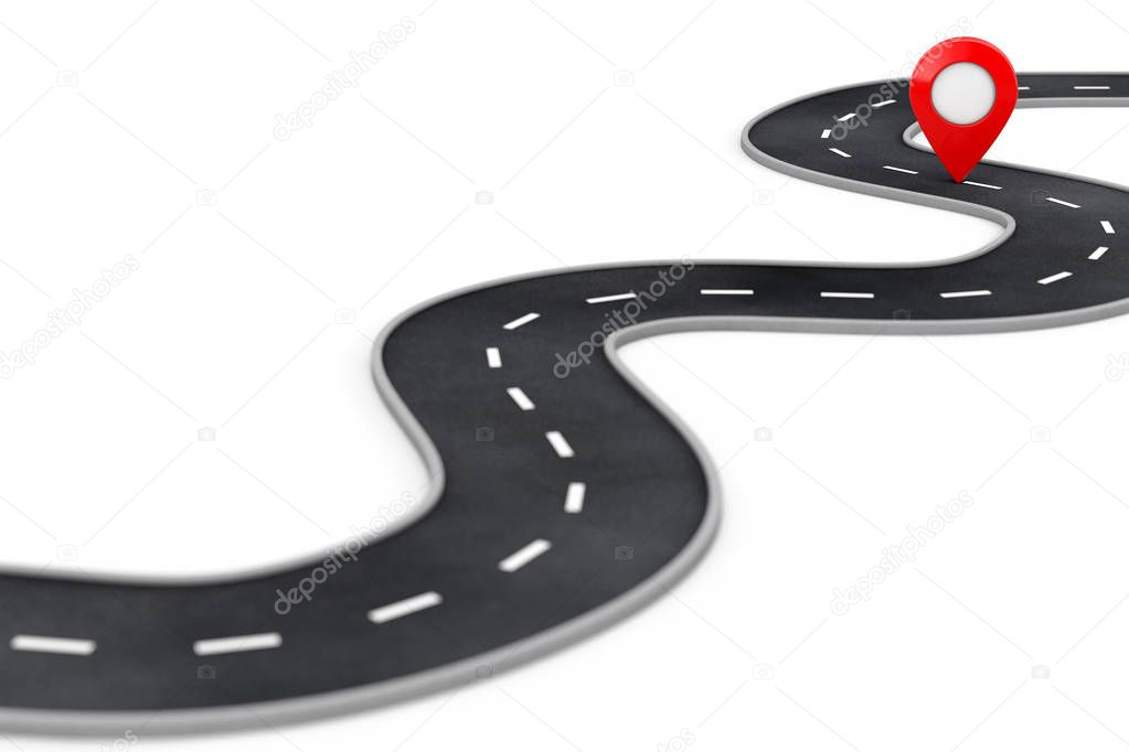 Winding Road with Destination Red Pin Target Pointer in the End 