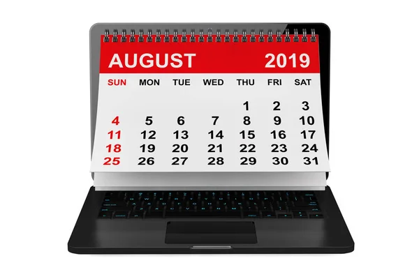 ラップトップ画面上の8月2019カレンダー。3D レンダリング — ストック写真
