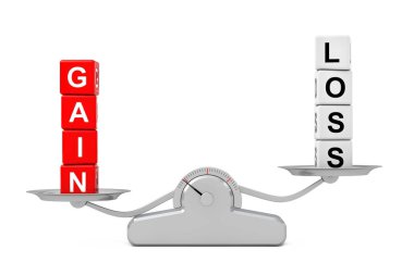 Gain and Loss Cube Blocks over Simple Balance Scale. 3d Renderin clipart