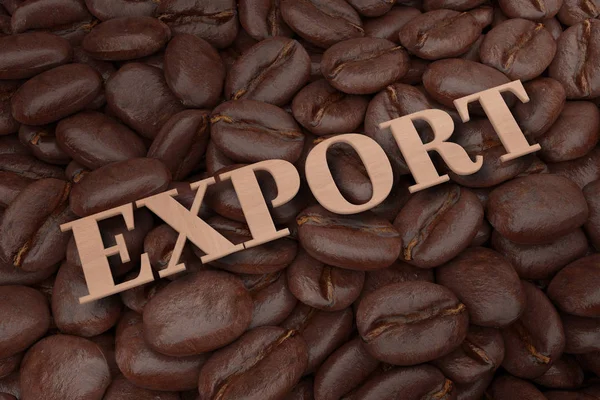 Houten export teken over koffiebonen achtergrond. 3D-rendering — Stockfoto