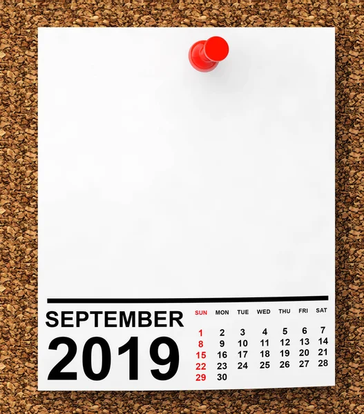 Календарь Сентябрь 2019 года на Blank Note Paper. 3D-рендеринг — стоковое фото