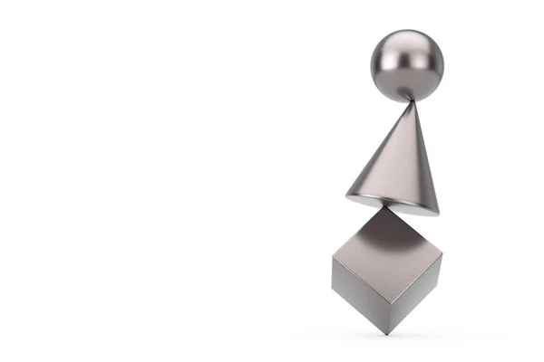 Cubo de metal, esfera e cone no conceito de equilíbrio. Renderização 3d — Fotografia de Stock