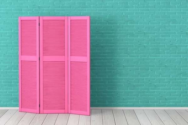 Pantalla de vestido de madera plegable rosa frente a la pared de ladrillo. 3d rend — Foto de Stock