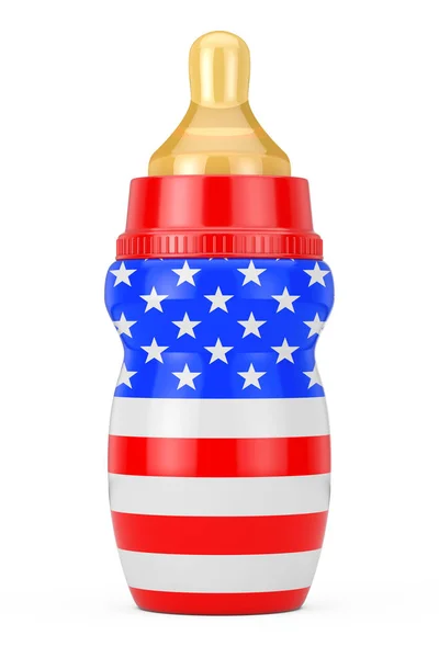 Bebé botella de leche con chupete y bandera de Estados Unidos. Renderizado 3d — Foto de Stock