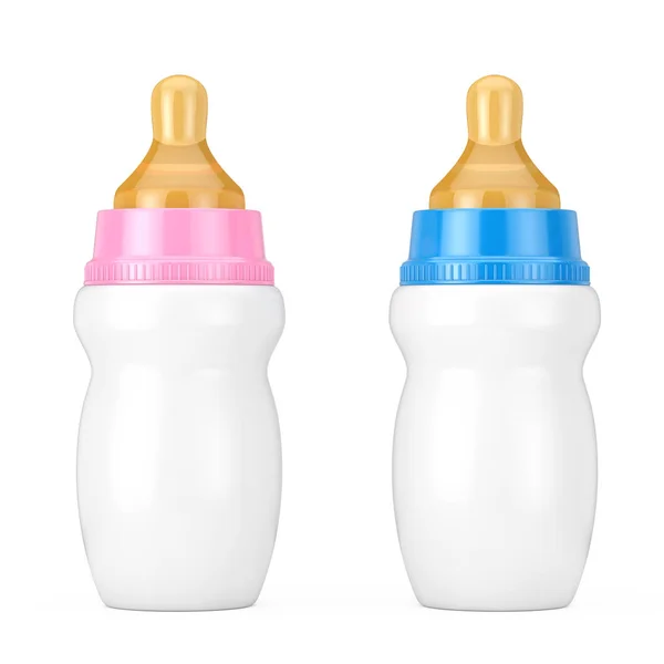 Leere leere rosa und blaue Babymilchflaschen mit Schnuller-Attrappe — Stockfoto