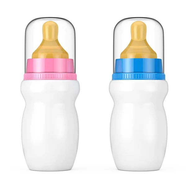 Leere leere rosa und blaue Babymilchflaschen mit Deckel und Pazifismus — Stockfoto