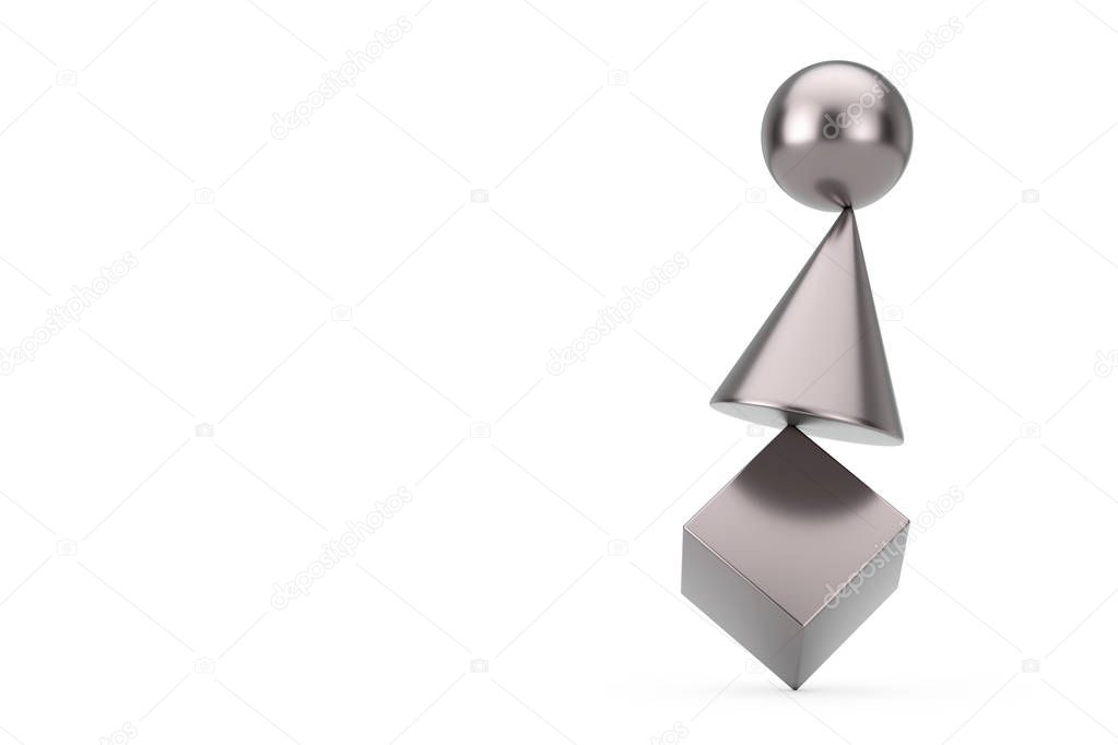 Metal Cube, Sphere and Cone in Balance Concept. 3d Rendering