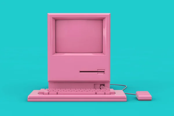 Różowy retro komputer osobisty. Jednostka systemowa, monitor, klawiatura — Zdjęcie stockowe