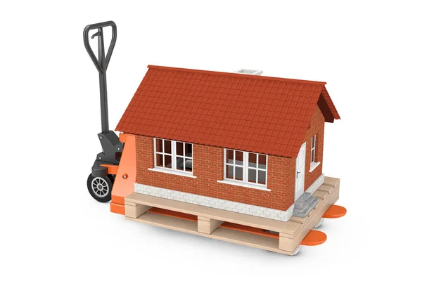 Hand pallet truck met Cottage huis gebouw over pallet. 3D re — Stockfoto