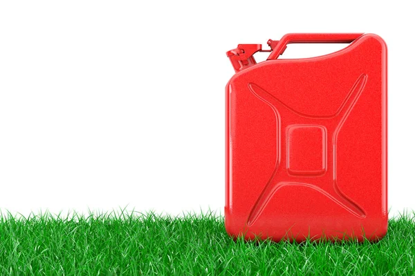 Eco Fuel Concept. Red Metal Jerrycan in erba verde. Render 3d — Foto Stock