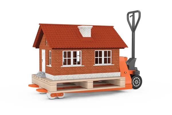 Hand Pallet Truck with Cottage House Building over Pallet. 3d Re — Stock Photo, Image