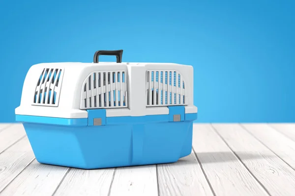 Blue Pet Travel Plastic Cage Carrier Box on a wooden table. 3d R