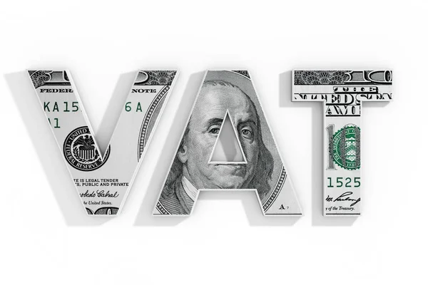 Έννοια του ΦΠΑ. ΦΠΑ λέξεων γραμμένο με δολάριο νομοσχέδιο. Απόδοση 3D — Φωτογραφία Αρχείου