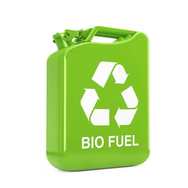 Eco Fuel Concept. Jerrycan de metal verde con reciclaje y combustible bio — Foto de Stock