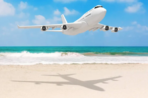 Avião White Jet Passenger sobre Ocean Deserted Coast. 3d ren — Fotografia de Stock