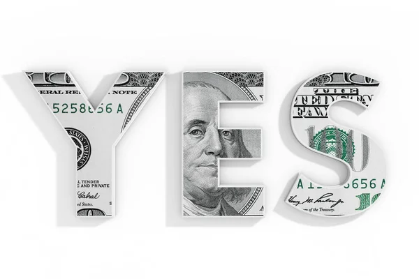 Yes Concept. Blue Word Yes Written with Dollar Bill. 3d Renderin — Stock Photo, Image