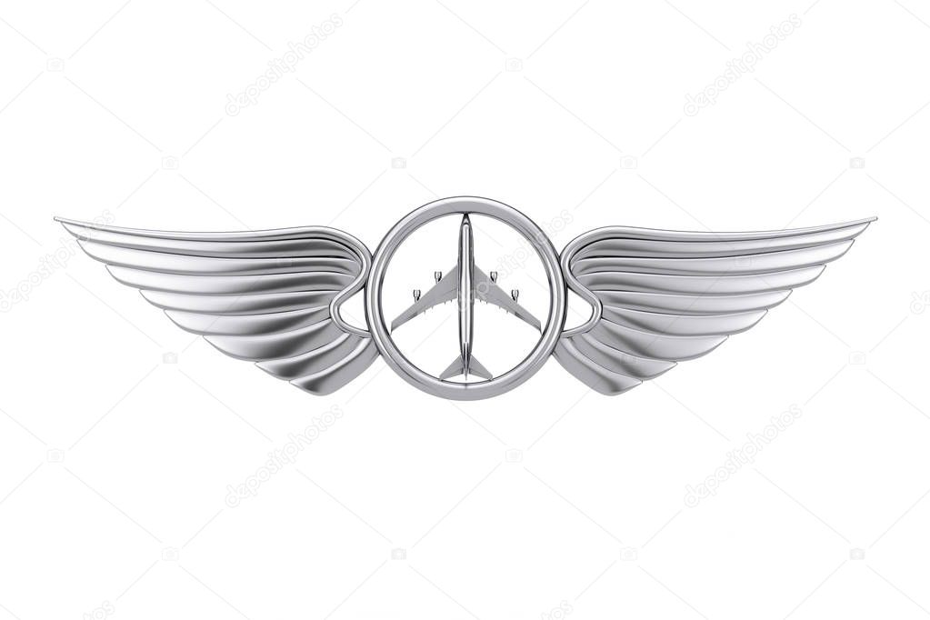 Silver Pilot Wing Emblem, Badge or Logo Symbol on a white background. 3d Rendering