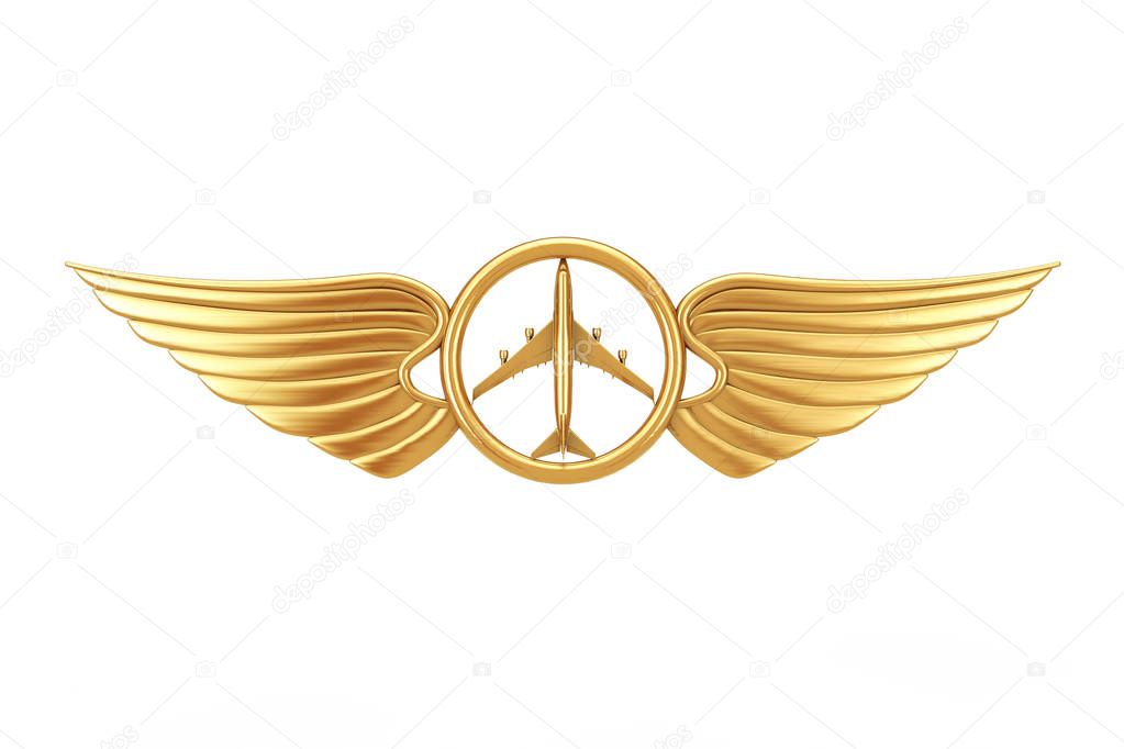 Golden Pilot Wing Emblem, Badge or Logo Symbol. 3d Rendering