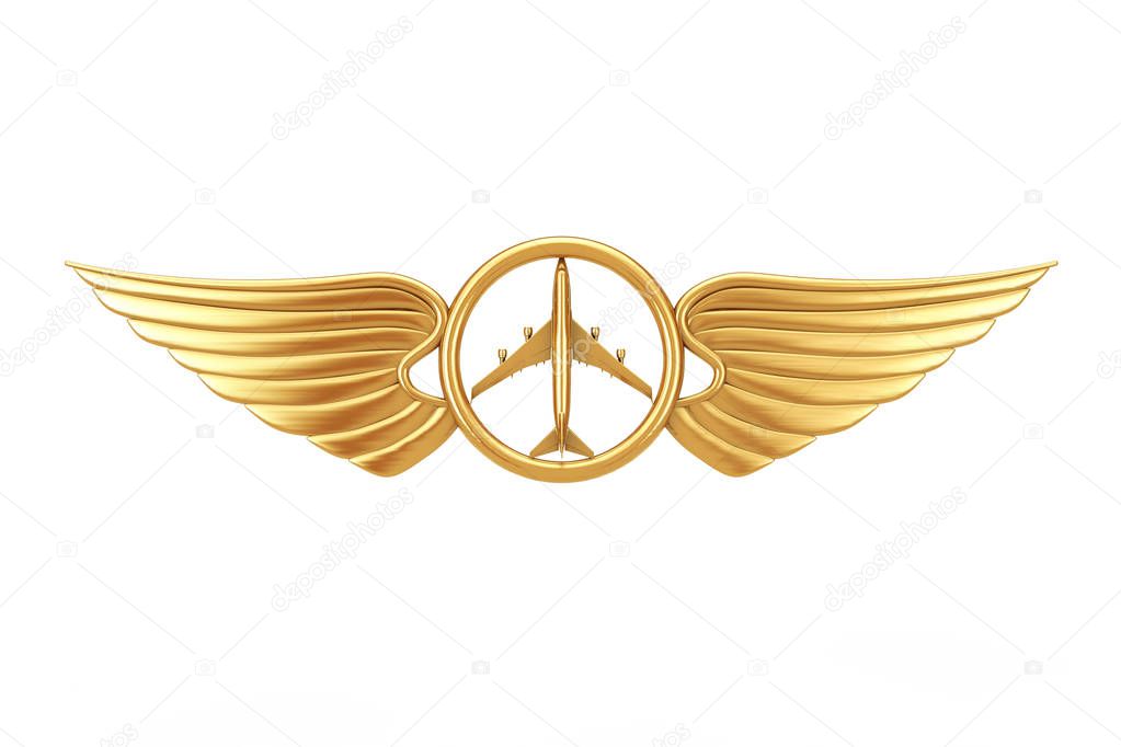 Golden Pilot Wing Emblem, Badge or Logo Symbol on a white background. 3d Rendering