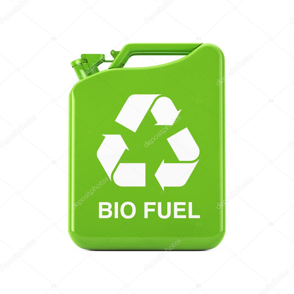 Eco Fuel Concept. Green Metal Jerrycan with Recycle and Bio Fuel