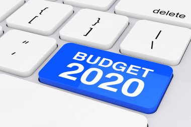 Beyaz Bilgisayar Klavyesi Mavi Bütçe 2020 Tuşu. 3d Rendering