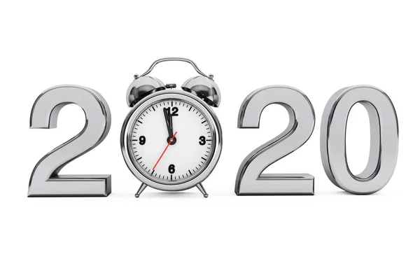 Η έννοια του νέου έτους 2020. 2020 σύμβολο χάλυβα με ξυπνητήρι. 3D rend — Φωτογραφία Αρχείου