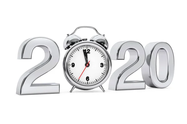 Új év 2020 koncepció. 2020 acél jel az ébresztőórával. 3D rend — Stock Fotó
