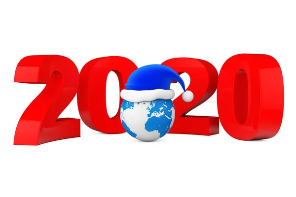 2020 koncept nového roku. Santa Hat nad pozemskou planetou. prostorové vykreslování — Stock fotografie