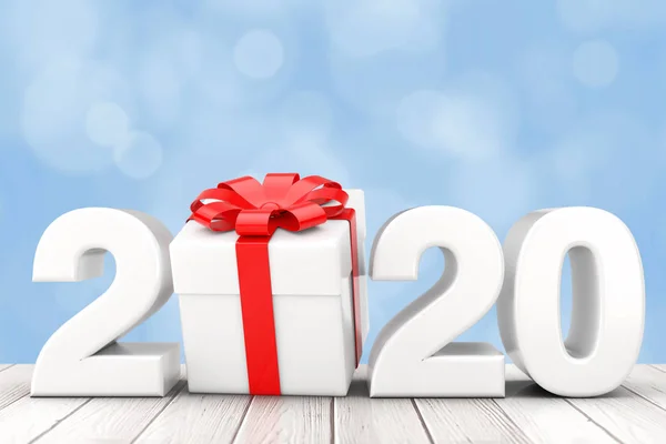 2020 Nieuwjaar teken met geschenk doos en rode lint. 3D-rendering — Stockfoto