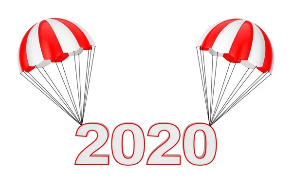 Frohes neues Jahr 2020 Zeichen fliegen am Fallschirm. 3D-Darstellung — Stockfoto