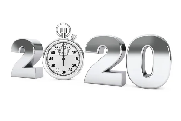 Nieuwjaar 2020 concept. 2020 stalen bord met stopwatch. 3D renderen — Stockfoto