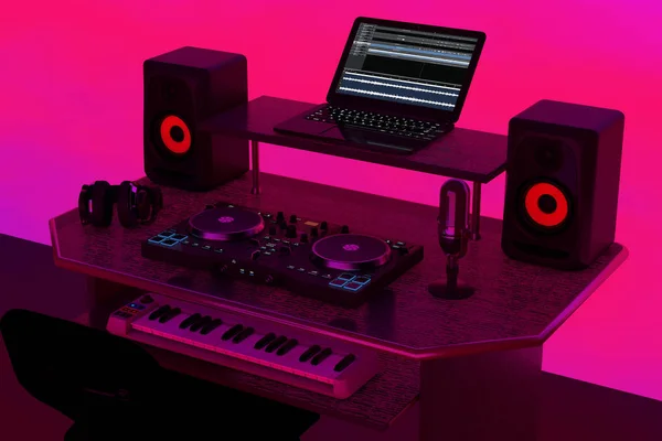 Σύγχρονη ηχογράφηση μουσικής Home Studio, DJ χώρο εργασίας με ηλεκτρονικές — Φωτογραφία Αρχείου