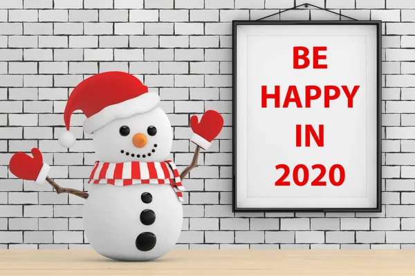 Hóember előtt téglafal kerettel légy boldog a 2020 regisztráció. — Stock Fotó