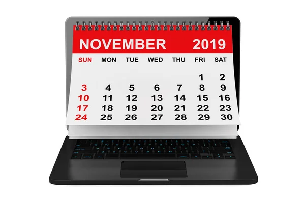 Listopad 2019 kalendarz na ekranie laptopa. Renderowanie 3D — Zdjęcie stockowe
