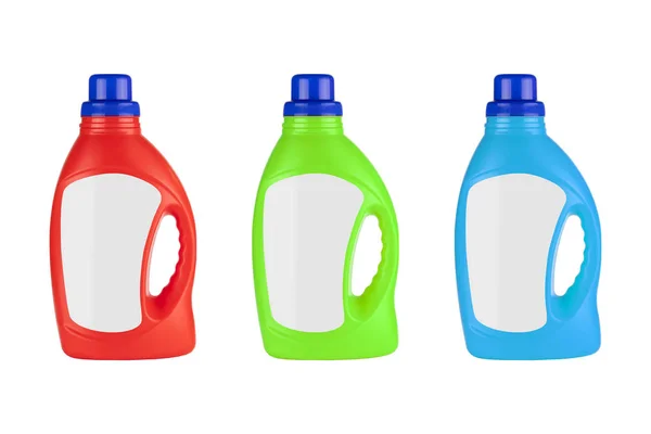 Rood, groen en blauw plastic reinigingsmiddel container fles mock up w — Stockfoto