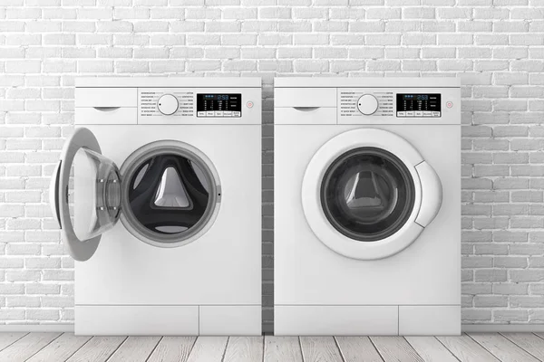 Modern White Washing Machines in Front of White Brick Wall. 3d R — Stock Photo, Image