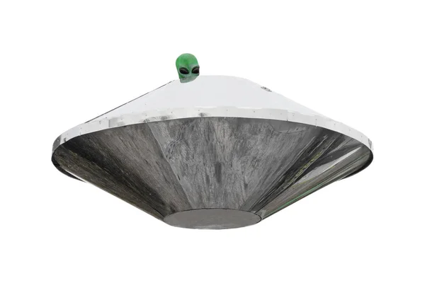 Metallo UFO astronave aliena con testa aliena verde — Foto Stock