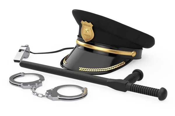 Kovová pouta, černý gumový policejní obušek nebo noční hůl, policie — Stock fotografie