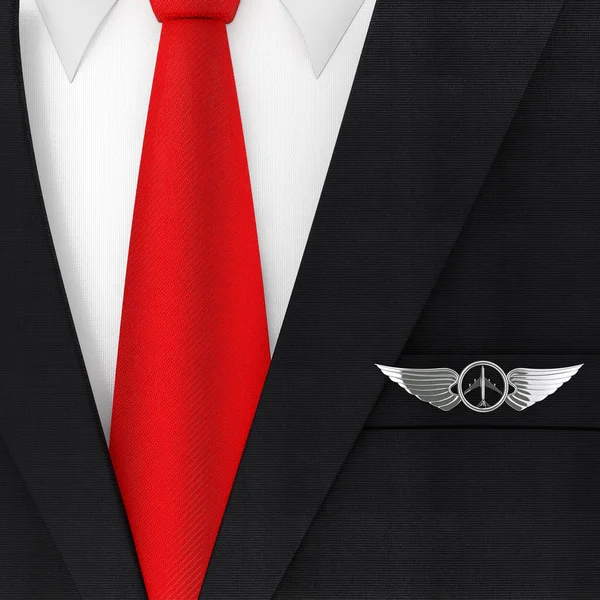 Modern Elegant Man Suit with Red Necktie and Silver Pilot Wing E