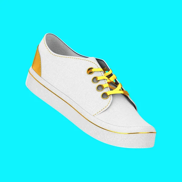 New Unbranded White Blank Sneakers with Golden Lace. 3d Renderin — ストック写真