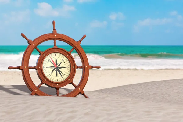 Volante de madera vintage del barco con la brújula rara en un océano —  Fotos de Stock