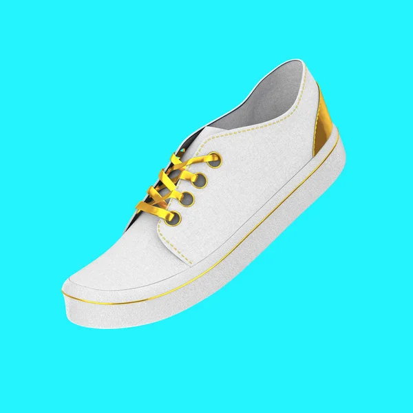 New Unbranded White Blank Sneakers with Golden Lace. 3d Renderin — ストック写真